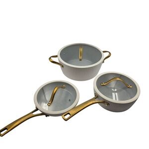 Thyme & Table 6 Piece Cookware Set Cream White Gold Handles Non-Stick Ribbed L3